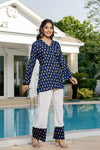 Women's Navy Motif Print Kurti & White Palazzo Set