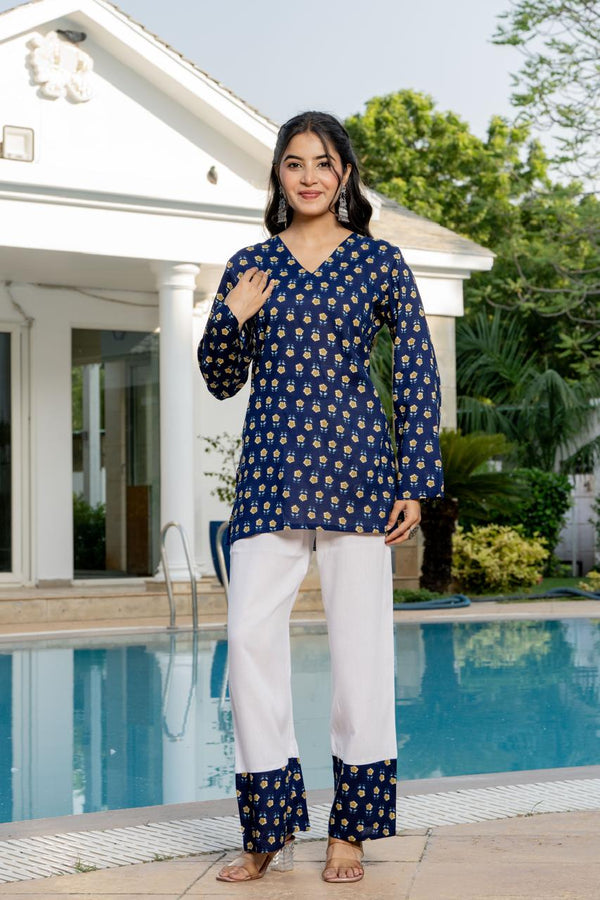 Women's Navy Motif Print Kurti & White Palazzo Set