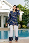 Women's Navy Motif Print Kurti & White Palazzo Set