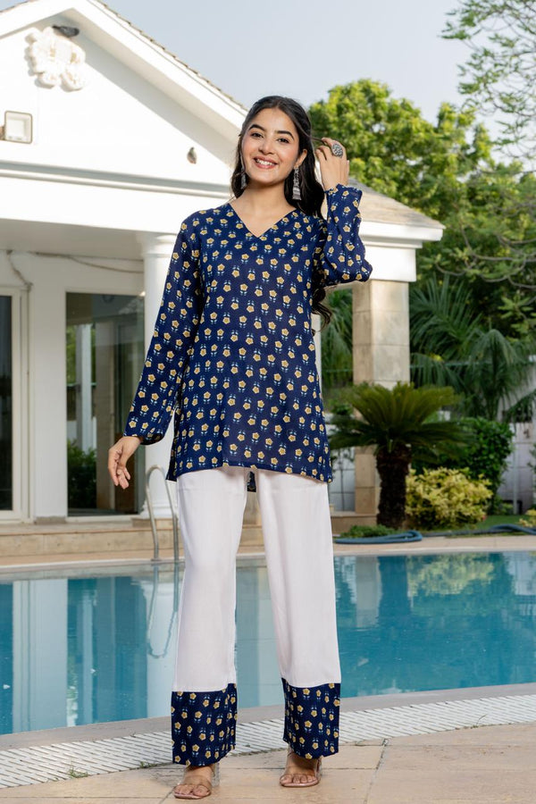 Women's Navy Motif Print Kurti & White Palazzo Set