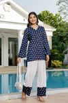 Women's Navy Motif Print Kurti & White Palazzo Set