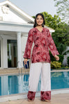 Women's Maroon Floral Print Kurti & White Palazzo Set