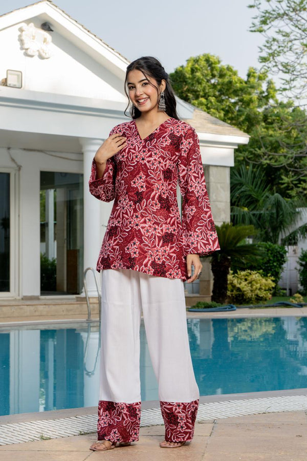 Women's Maroon Floral Print Kurti & White Palazzo Set