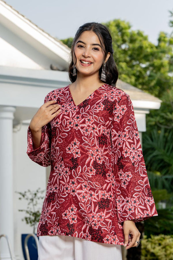 Women's Maroon Floral Print Kurti & White Palazzo Set