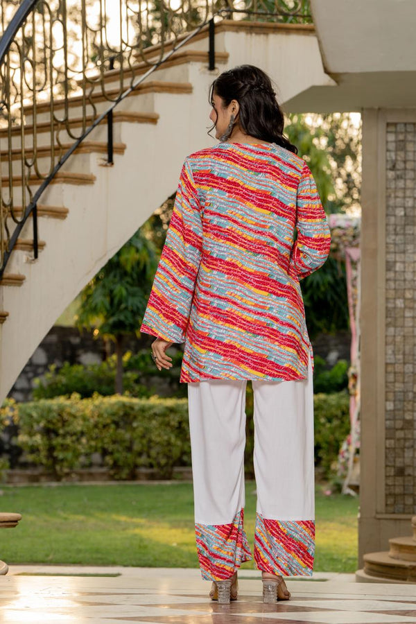 Women's Multicolour Stripe Print Kurti & White Palazzo Set