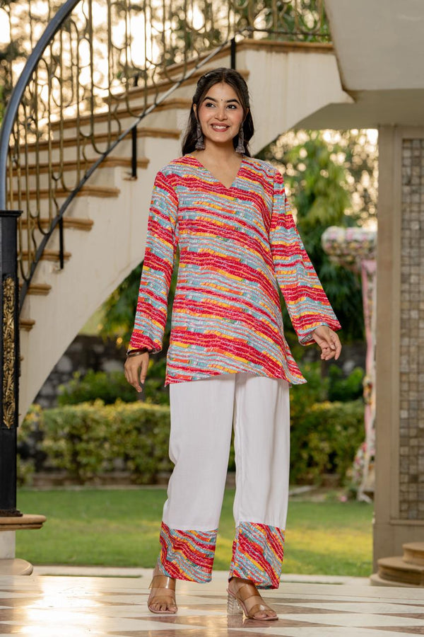 Women's Multicolour Stripe Print Kurti & White Palazzo Set