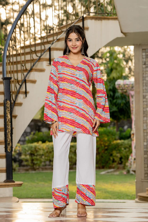 Women's Multicolour Stripe Print Kurti & White Palazzo Set