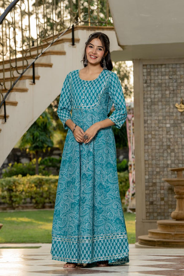 Women's Turquoise Mixed Print Flared Maxi Dress