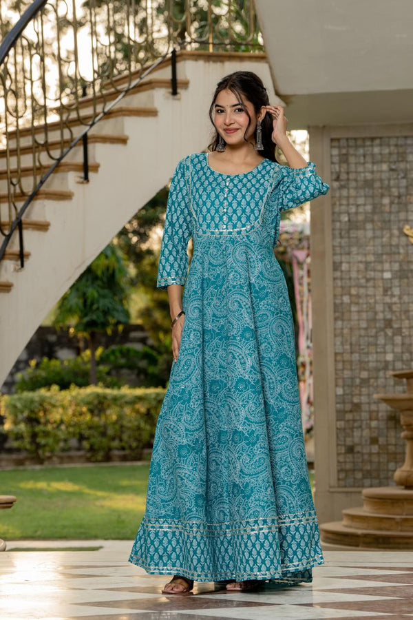 Women's Turquoise Mixed Print Flared Maxi Dress