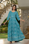 Women's Turquoise Mixed Print Flared Maxi Dress
