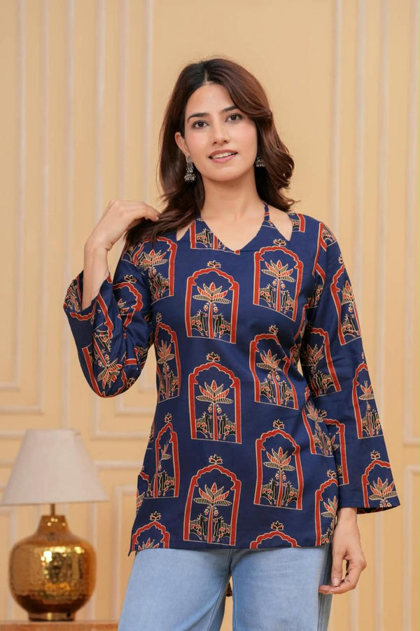 Women's Navy Botanical Arch Print Short Kurti