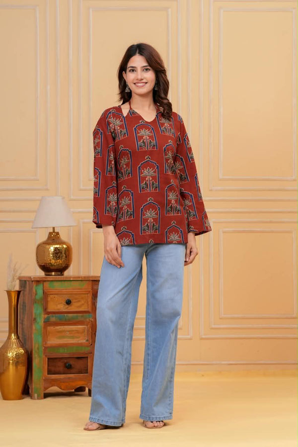 Women's Rust Botanical Arch Print Short Kurti