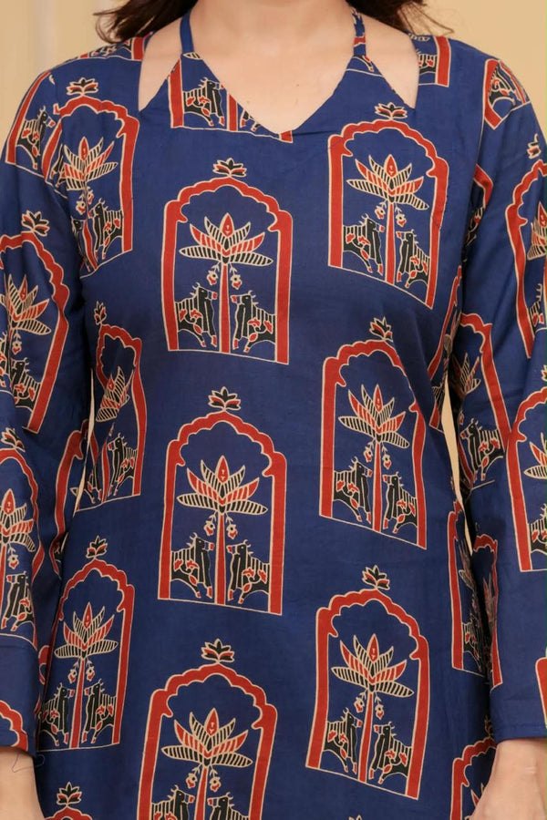 Women's Navy Botanical Arch Print Short Kurti