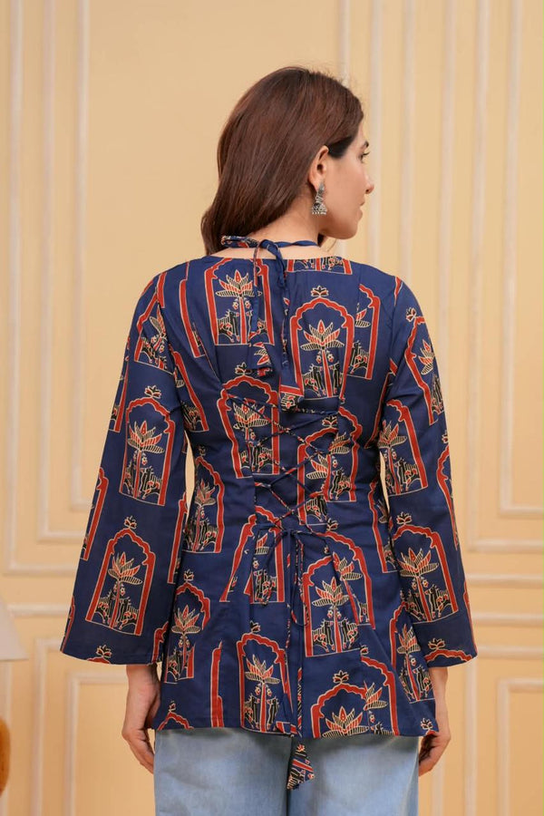 Women's Navy Botanical Arch Print Short Kurti