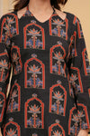 Women's Black Botanical Arch Print Short Kurti