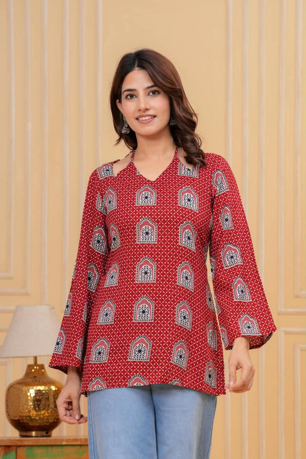 Women's Red Arch Motif Print Short Kurti