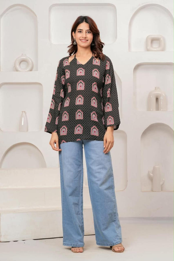 Women's Black Arch Motif Print Short Kurti