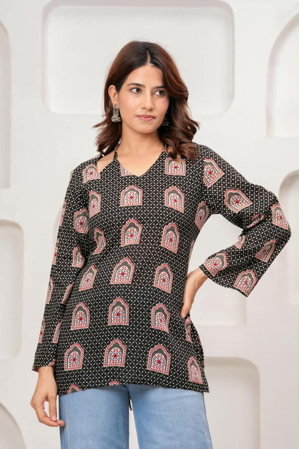 Women's Black Arch Motif Print Short Kurti