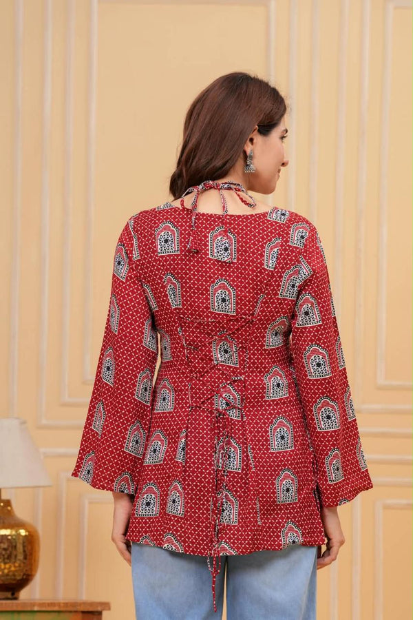 Women's Red Arch Motif Print Short Kurti