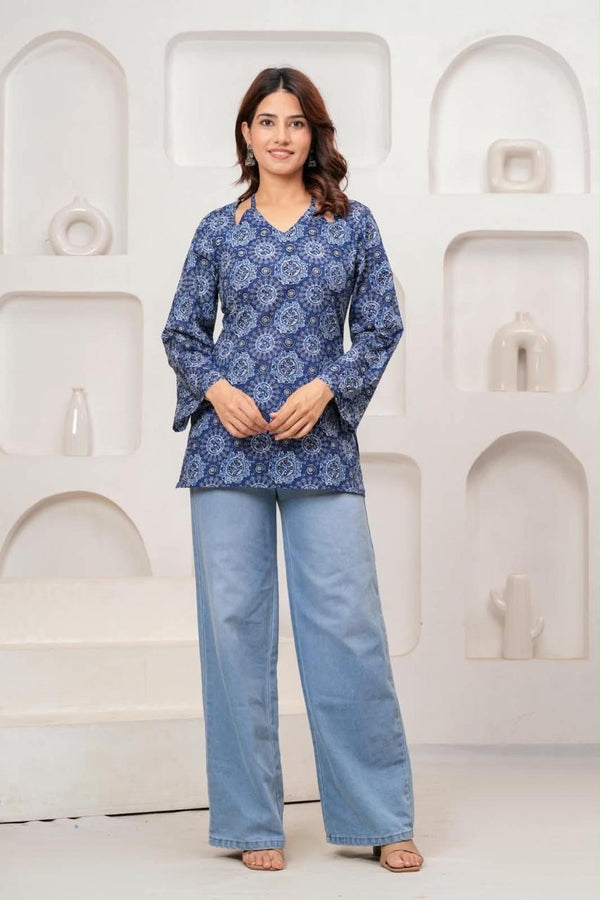 Women's Blue Medallion Print Short Kurti