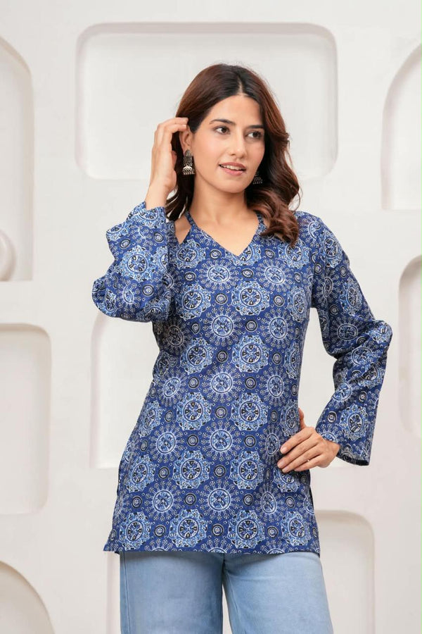 Women's Blue Medallion Print Short Kurti
