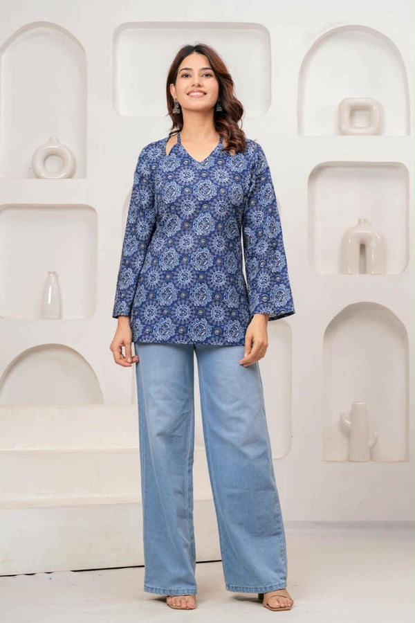 Women's Blue Medallion Print Short Kurti