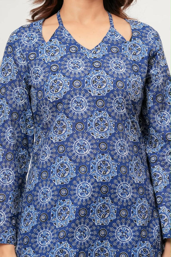 Women's Blue Medallion Print Short Kurti