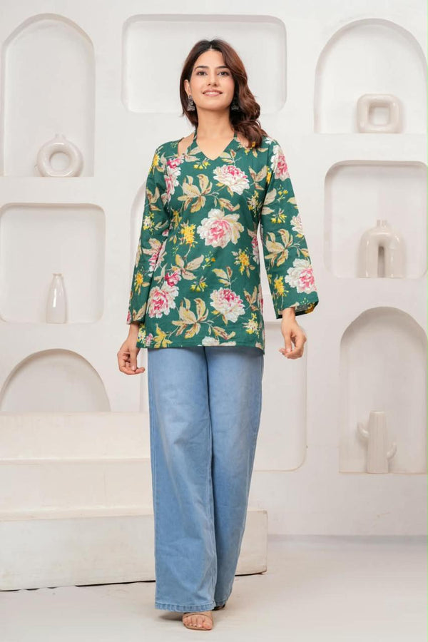 Women's Green Floral Print Short Kurti