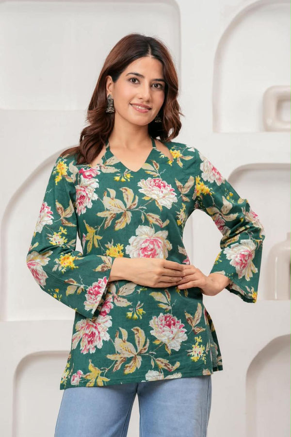 Women's Green Floral Print Short Kurti