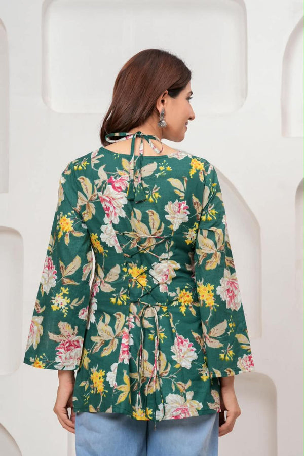Women's Green Floral Print Short Kurti