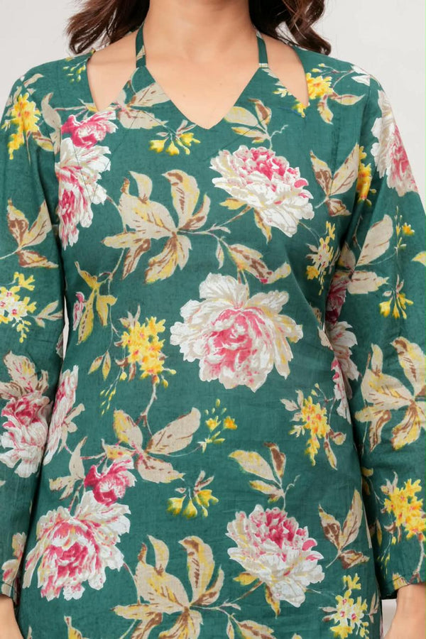 Women's Green Floral Print Short Kurti