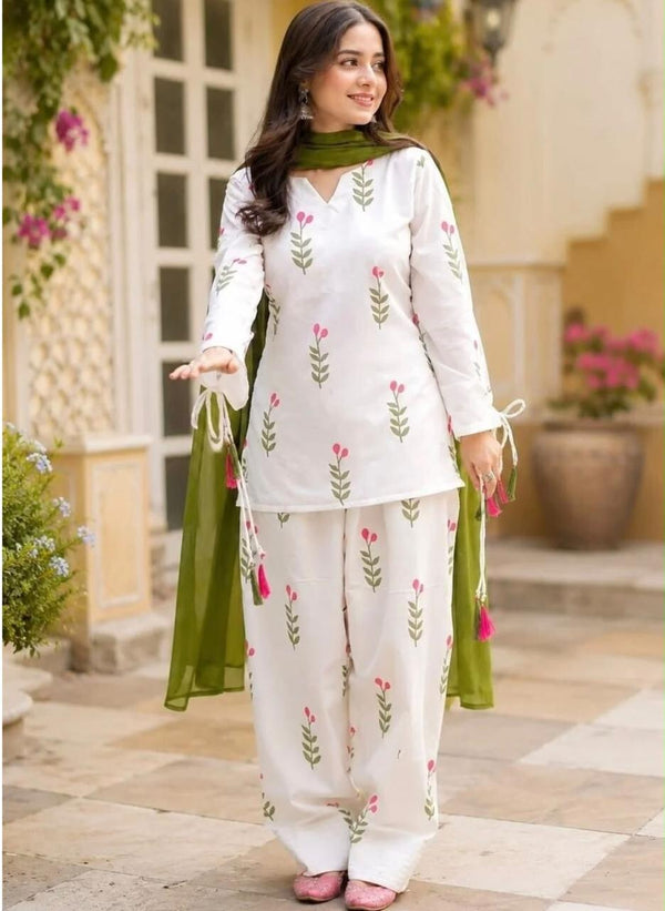 Women's White Floral Print Kurta Palazzo Set with Green Dupatta