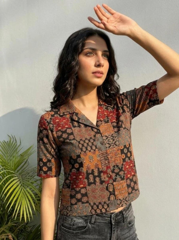 Women's Brown Multicolour Patchwork Print Collared Crop Shirt