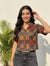 Women's Brown Multicolour Patchwork Print Collared Crop Shirt
