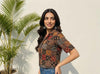 Women's Brown Multicolour Patchwork Print Collared Crop Shirt