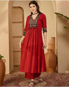 Women's Red & Black Decorative-Yoke Suit Set with Printed Dupatta