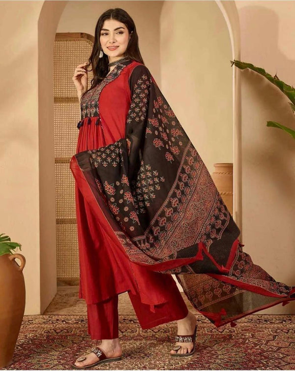 Women's Red & Black Decorative-Yoke Suit Set with Printed Dupatta