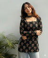 Women's Black Small Floral Print Square-Neck Short Kurti