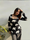Women's Black White Elephant Print Square-Neck Short Kurti