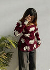 Women's Maroon White Elephant Print Square-Neck Short Kurti