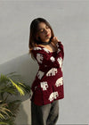 Women's Maroon White Elephant Print Square-Neck Short Kurti
