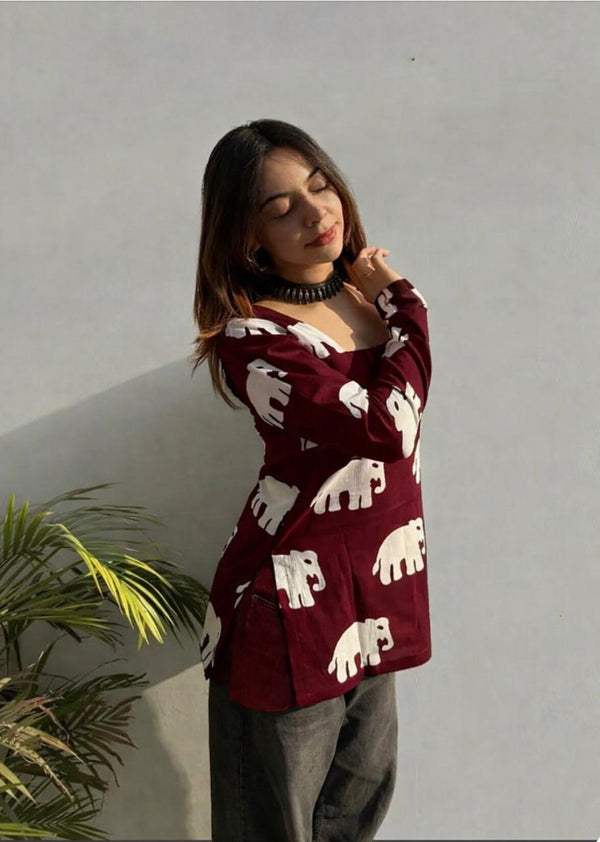 Women's Maroon White Elephant Print Square-Neck Short Kurti