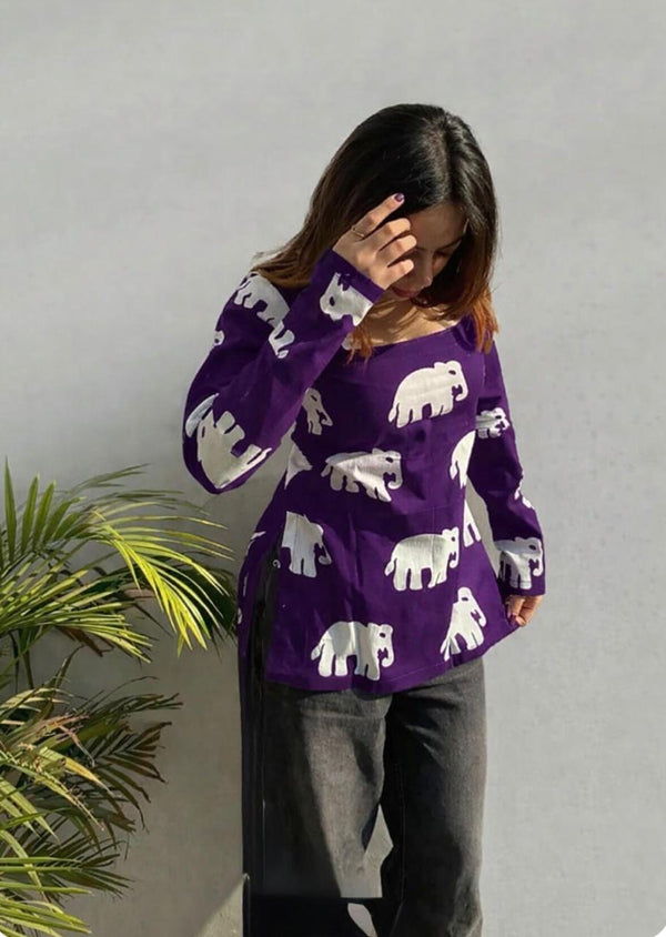 Women's Purple White Elephant Print Square-Neck Short Kurti