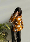 Women's Mustard White Elephant Print Square-Neck Short Kurti