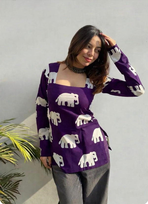Women's Purple White Elephant Print Square-Neck Short Kurti