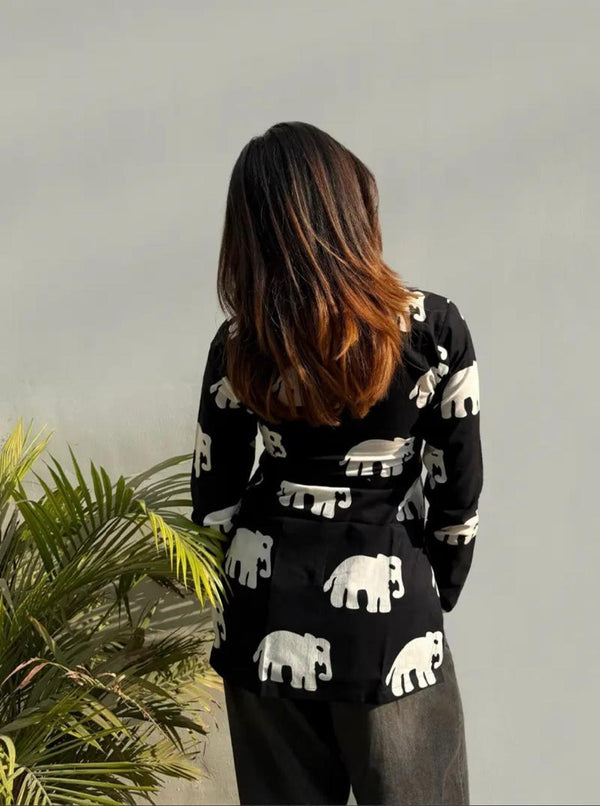 Women's Black White Elephant Print Square-Neck Short Kurti
