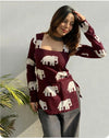 Women's Maroon White Elephant Print Square-Neck Short Kurti