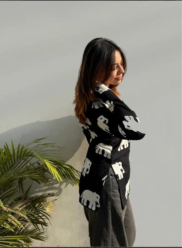 Women's Black White Elephant Print Square-Neck Short Kurti