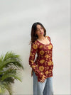 Women's Maroon Mustard Botanical Print Square-Neck Short Kurti