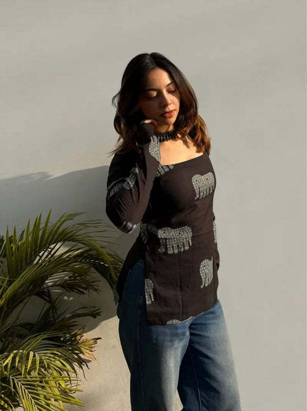 Women's Black Decorative Elephant Print Square-Neck Short Kurti